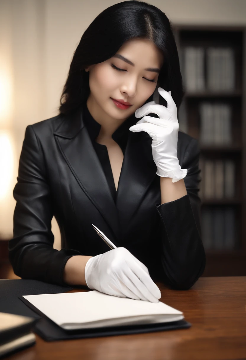 Wear black leather gloves on both hands, Upper body, In black suit, Desk facing modern study in the dark, Looking down, Smiling, Write a letter with a pen, Long, Straight black hair, Japanese female new employee with young cute face (Black leather gloves cover hands)