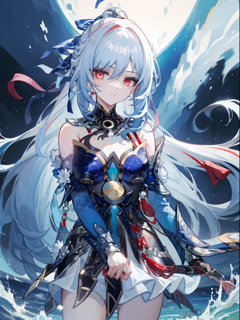 best quality, masterpiece, 1girl, red eyes, tied up light blue hair
