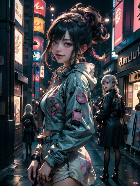 Anime masterpiece, best quality, (((2 laughing teenaged cyberpunk girls ((wearing detailed Harajuku tech jackets)) standing toge...