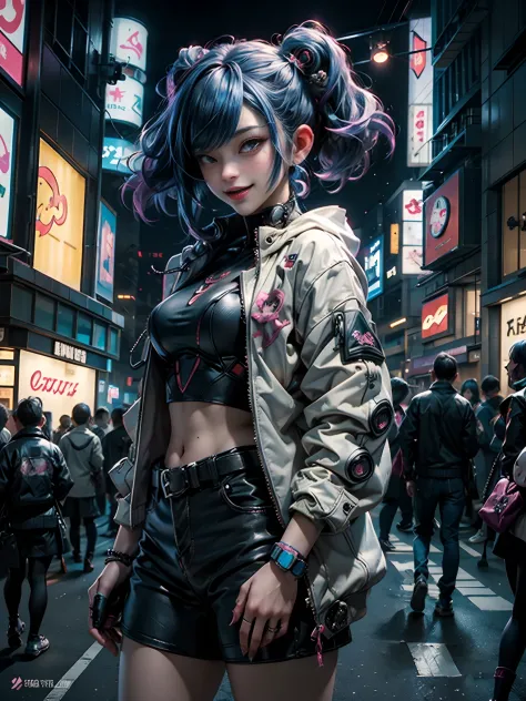 Anime masterpiece, best quality, (((2 laughing teenaged cyberpunk girls ((wearing detailed Harajuku tech jackets)) standing toge...