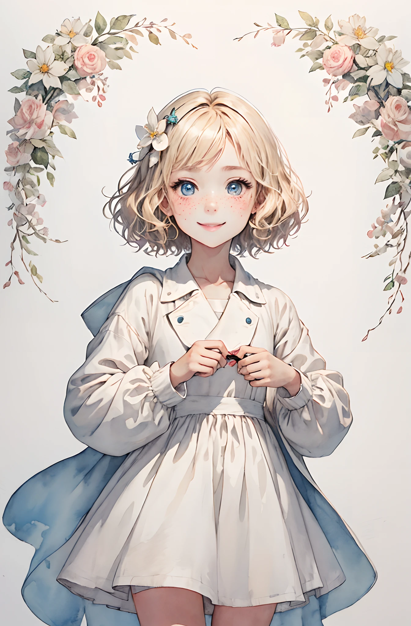 highest quality, pale skin, (face and eyes detail: 1.2), 1 girl, very delicate and beautiful girl, light blond, wavy short hair, blue eyes, snub nose, (slightly childish appearance), ((very beautiful)), (freckles: 0.4), curls, whole body, smile, happy, with white flowers, coat, white background, white world, she is standing, background is white, cute anime girl portraits, anime visual of a cute girl, anime girl in white dress, crisp clear rpg portrait, short hair, short curls hair, watercolor, watercolor painting,