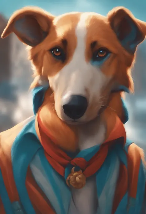 Painting of a dog with a collar and a red and blue shirt - SeaArt AI