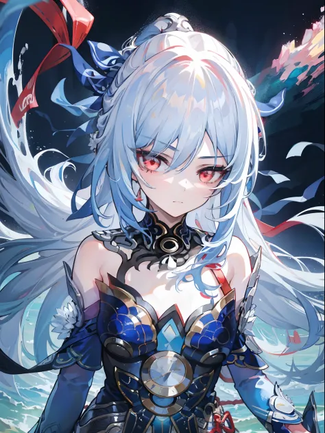 best quality, masterpiece, 1girl, red eyes, tied up light blue hair