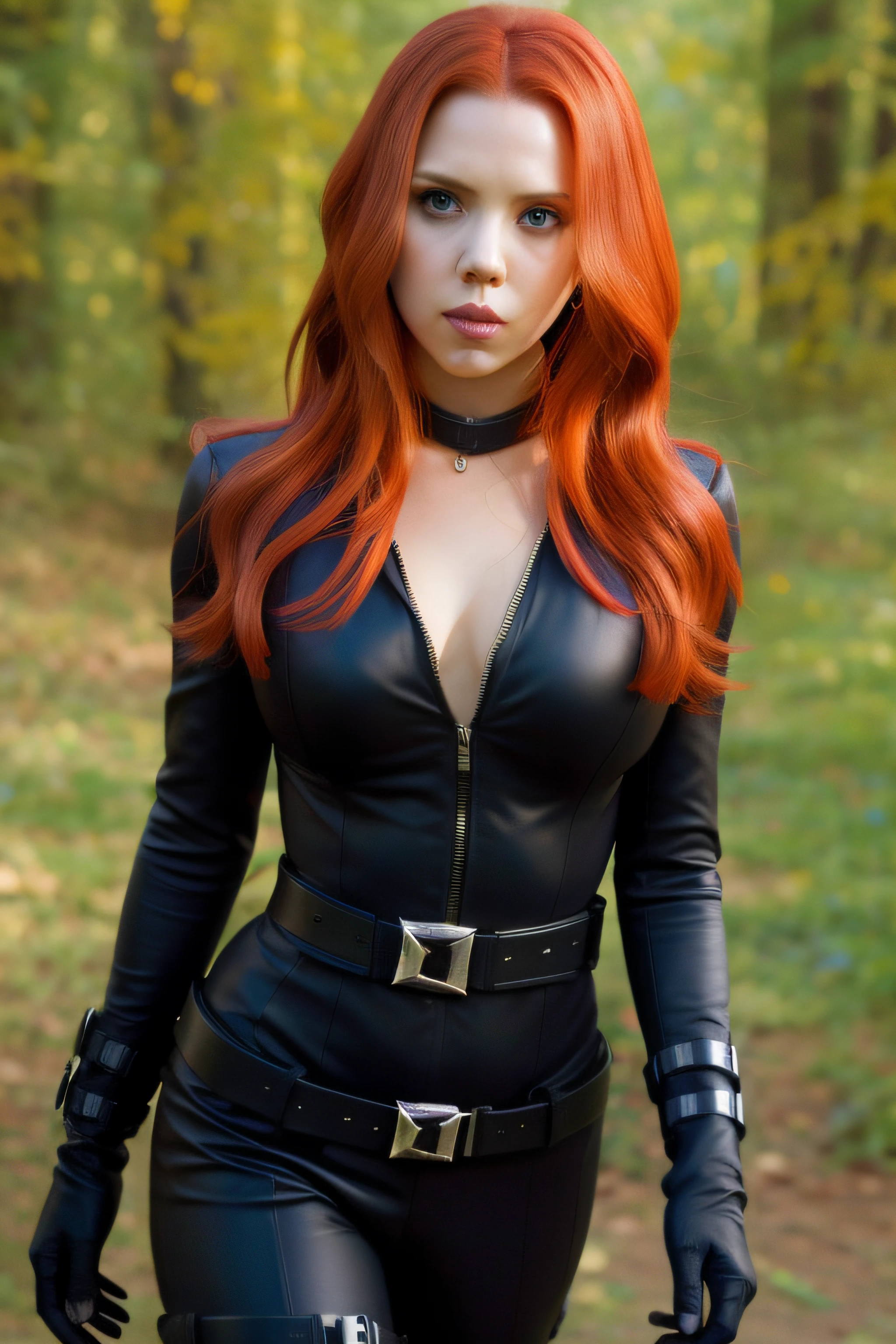 Araphedo woman in black outfit with red hair and gloves, Black widow, amouranth as a super villain, Scarlett Johansson Black Widow, elizabeth olsen(Black widow), wearing a black catsuit, amouranth, red waist-long hair, scarlett hooft, female redhead templar, Better known as Amouranth, medium close - up ( mcu )