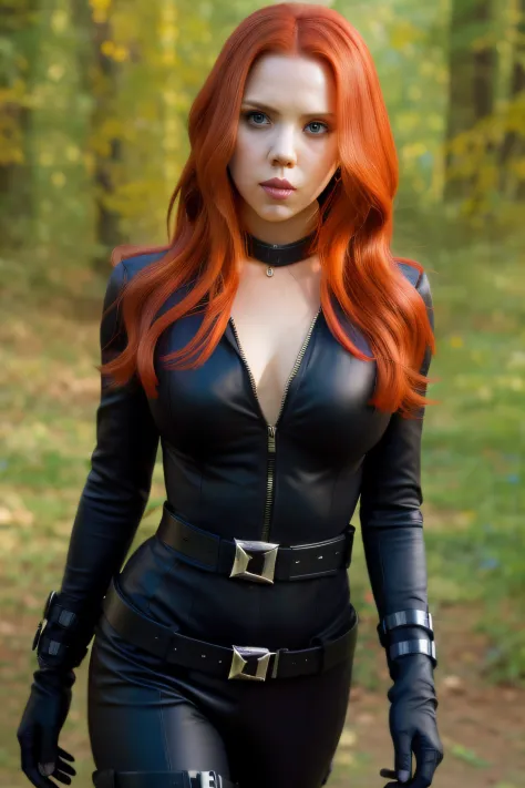 Araphedo woman in black outfit with red hair and gloves, Black widow, amouranth as a super villain, Scarlett Johansson Black Wid...
