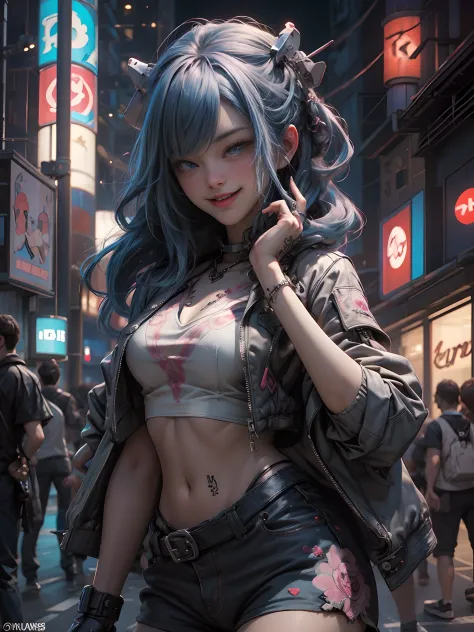 Anime masterpiece, best quality, (((laughing teenaged cyberpunk girl ((wearing detailed Harajuku tech jacket)) posing for portra...