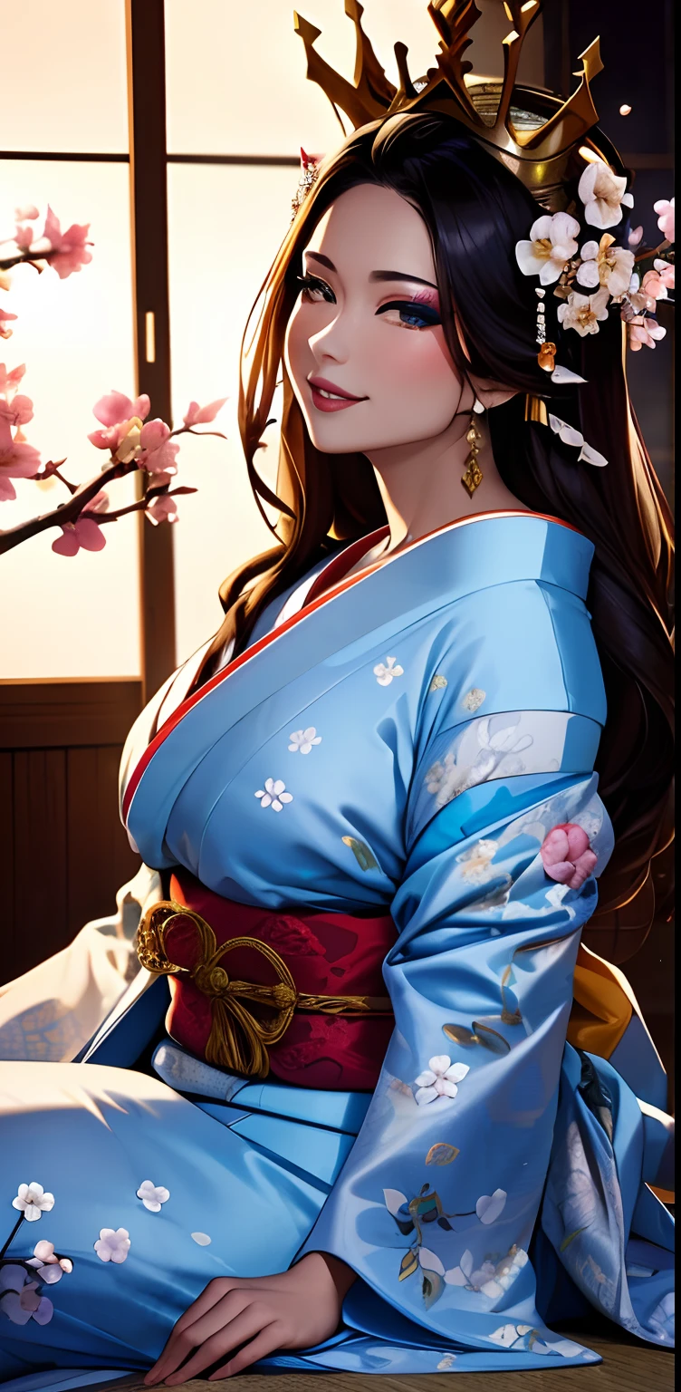 (Masterpiece, Best Quality:1.3), highres, Manga, cowboy shot, (ultra-detailed), highly detailed portrait of a beautiful queen, long hair, sitting, fetal_position, [upright], curvy, (1girl), ((lips)), (nose), ((long face)), mature female, blossom tree, seductive, elegant, stylish, sultry, sexy, grin, looking at viewer, (japanese clothes), laurel crown, (chiton:0.7), flowers, soft makeup, textured, patterned, cinematic, dynamic posture, wide shot, dramatic lighting:1.1, (gradients), nature, (perfect face), outline, sharp focus, warmth, light particles, (depth of field), (intricate details:1.2), (extremely detailed background), east asian architecture