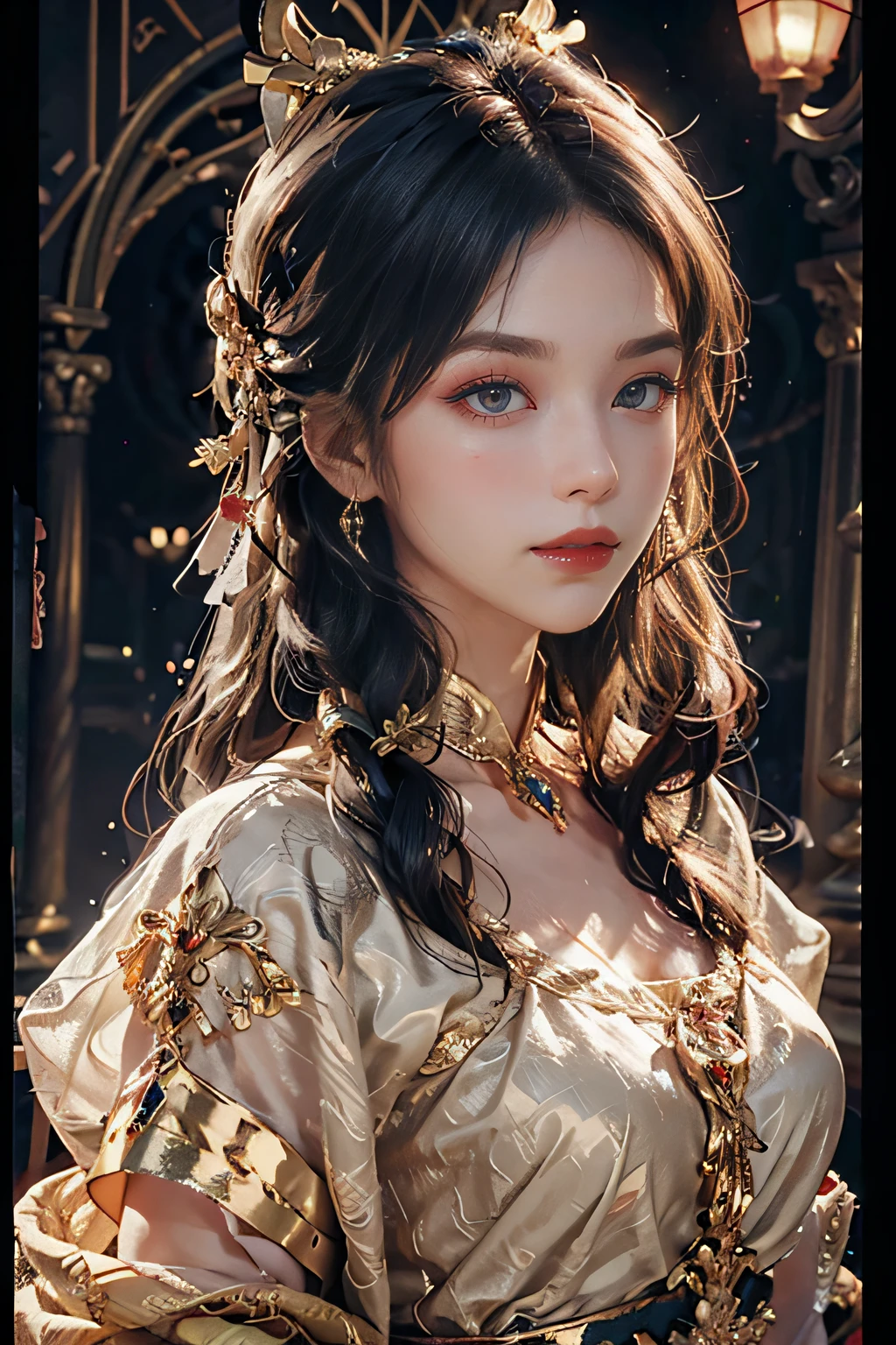 Top quality work，Photorealistic works，Ultra Premium Graphics，8K HD CG works，High-quality graphics，High-definition fine CG works，10x pixel，Ultra-fine details：1.1，Advanced technical details：1.1Photographically realistic，超A high resolution ,Transparent hair，High Detail Hair（Premium Hair Detail：1.1）Clear eyes，Good looking double eyelids，Sharp eye makeup, Delicate makeup for eyelashes, Thin eyebrows, ultradetailed eyes，High Nose, lovely red lips, Rose cheeks, Face with delicate makeup , Pretty Face, A perfectly proportioned face,（Advanced facial details：1.1）, Women's Artwork，full-body view，Goddess of Dress，，amazing，Today's eyes are bright The perfect presentation of Midjourney art style, gold holy clothes, gold armor, helmets