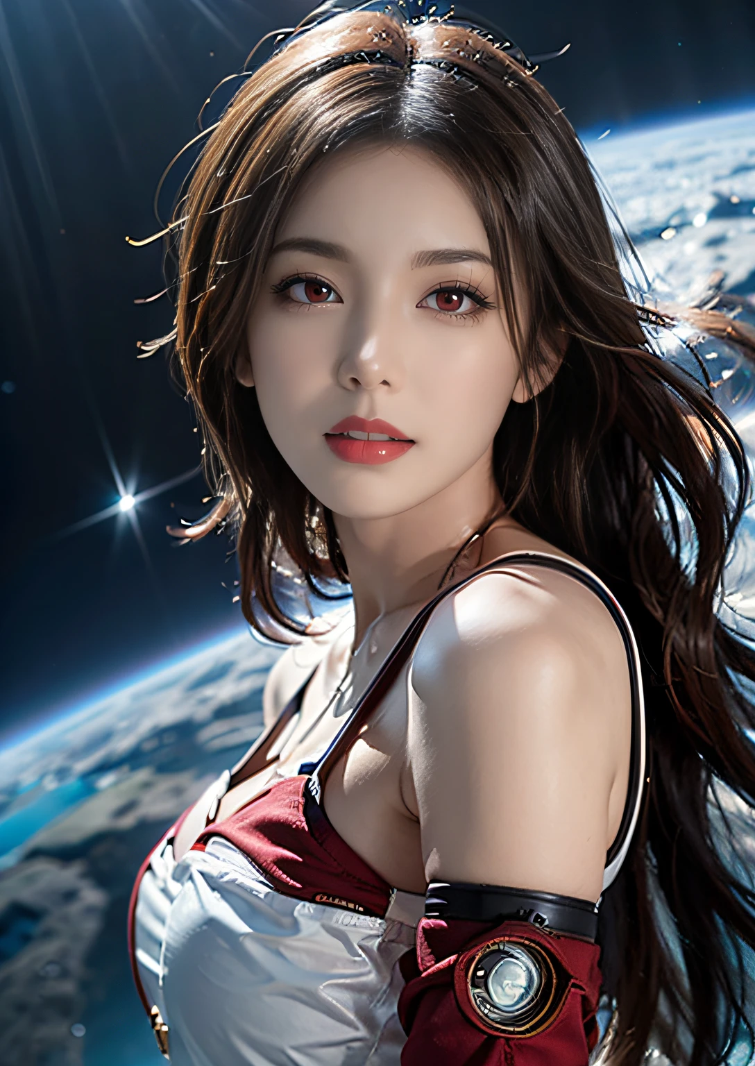 RAW, Masterpiece, Super Fine Photo,, Best Quality, Ultra High Resolution, Photorealistic Photorealism, Sunlight, Full Body Portrait, Amazing Beauty,,Dynamic Pose,Delicate Face,Vibrant Eyes,(From the side), She Wears Futuristic Iron Man Mech, Red and Gold Color Scheme, Very Detailed Space Background, Detailed Face, Detailed Complex Space Background, Messy, Gorgeous, Milky White, Highly Detailed Skin, Realistic Skin Details, Visible Pores, Sharp Focus, Volumetric Fog, 8K UHD, DSLR camera, high quality, film grain, fair skin, photorealism, lomography, starship in space, seen from below, translucent