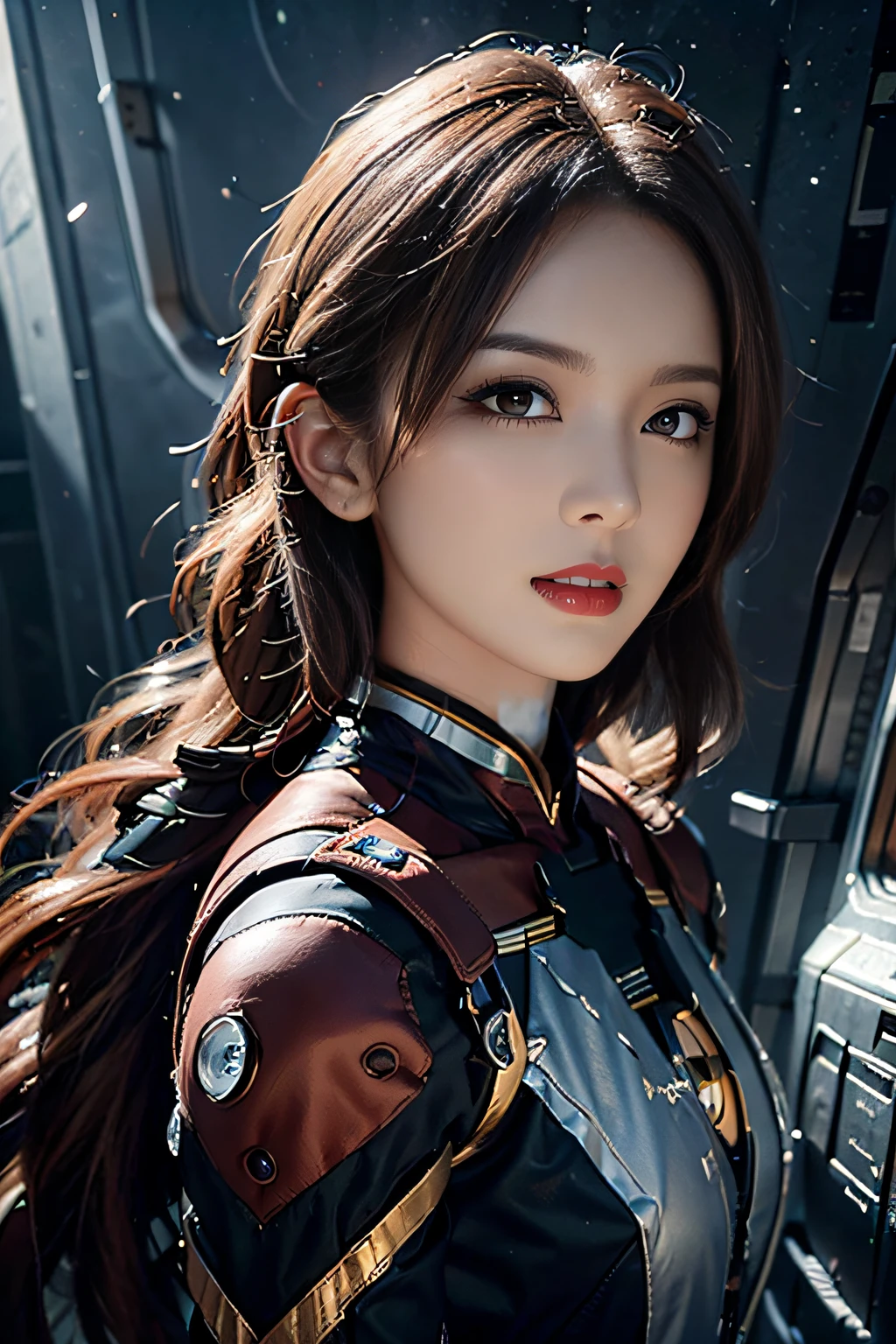 RAW, Masterpiece, Super Fine Photo,, Best Quality, Ultra High Resolution, Photorealistic Photorealism, Sunlight, Full Body Portrait, Amazing Beauty,,Dynamic Pose,Delicate Face,Vibrant Eyes,(From the side), She Wears Futuristic Iron Man Mech, Red and Gold Color Scheme, Very Detailed Space Background, Detailed Face, Detailed Complex Space Background, Messy, Gorgeous, Milky White, Highly Detailed Skin, Realistic Skin Details, Visible Pores, Sharp Focus, Volumetric Fog, 8K UHD, DSLR camera, high quality, film grain, fair skin, photorealism, lomography, starship in space, seen from below, translucent