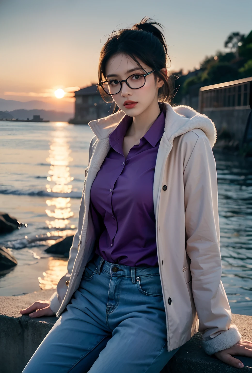 1girl, white face, straight hair, archipelago background, (perfect hands, perfect anatomy), (adjusting eyewear:1.2), masterpiece, best quality, tashigi, black eyes, folded ponytail, eyewear on head, coat on shoulders, purple shirt, blue pants, cowboy shot, looking at viewer, flower, large breasts, from above, serious, sitting, beautiful and delicate face, fair skin, real skin, (detail face), goose egg face, pores, super high resolution, 8k, parameters Best quality, masterpiece, super high resolution, (Realistic 2.0), More details, detailed skin, sunset