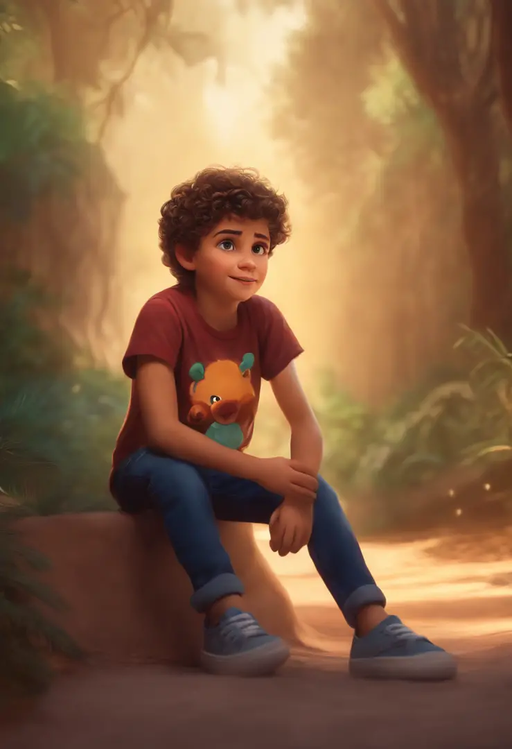 Image of a boy for a story in a YouTube video in Pixar format, He's the little one , olhos castanhos escuros, He's outgoing, Playful and gets up for a lot of things, Short hair and curly lightning mcquin t-shirt