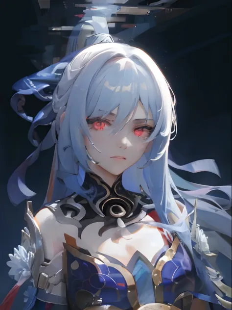 best quality, masterpiece, 1girl, red eyes, tied up light blue hair, aesthetic, artistic