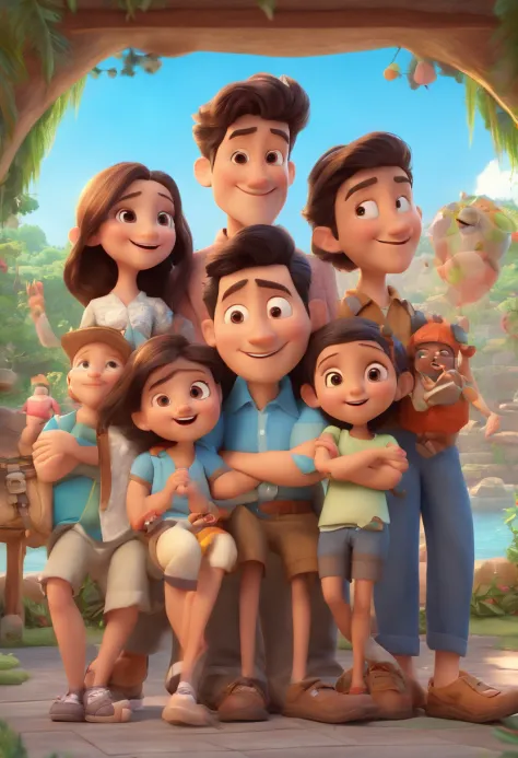 Family drawing having fun on vacation together, man with black hair, woman with long hair, three children, a 9 year old girl, a 6 year old boy and a baby 3D animation film poster, Animated film poster, pixar 3 animation style d, pixar renderman rendering, ...