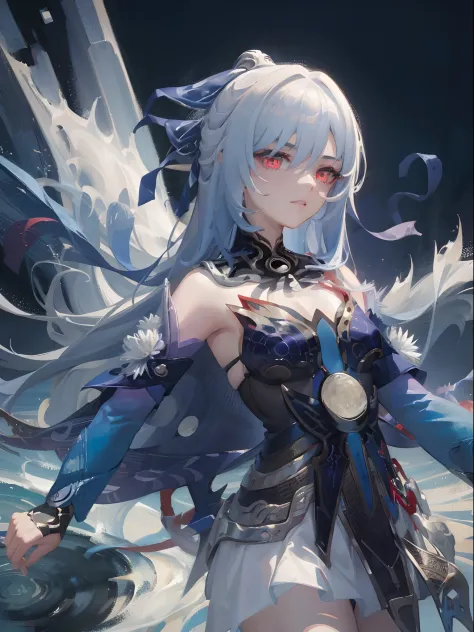 best quality, masterpiece, 1girl, red eyes, tied up light blue hair, aesthetic, artistic, wings