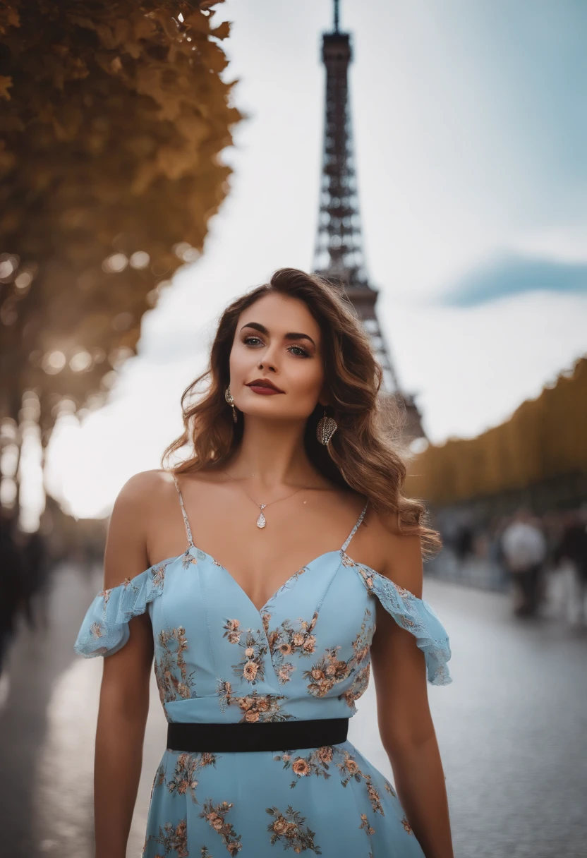 A woman in a blue dress standing in front of the eiffel tower - SeaArt AI