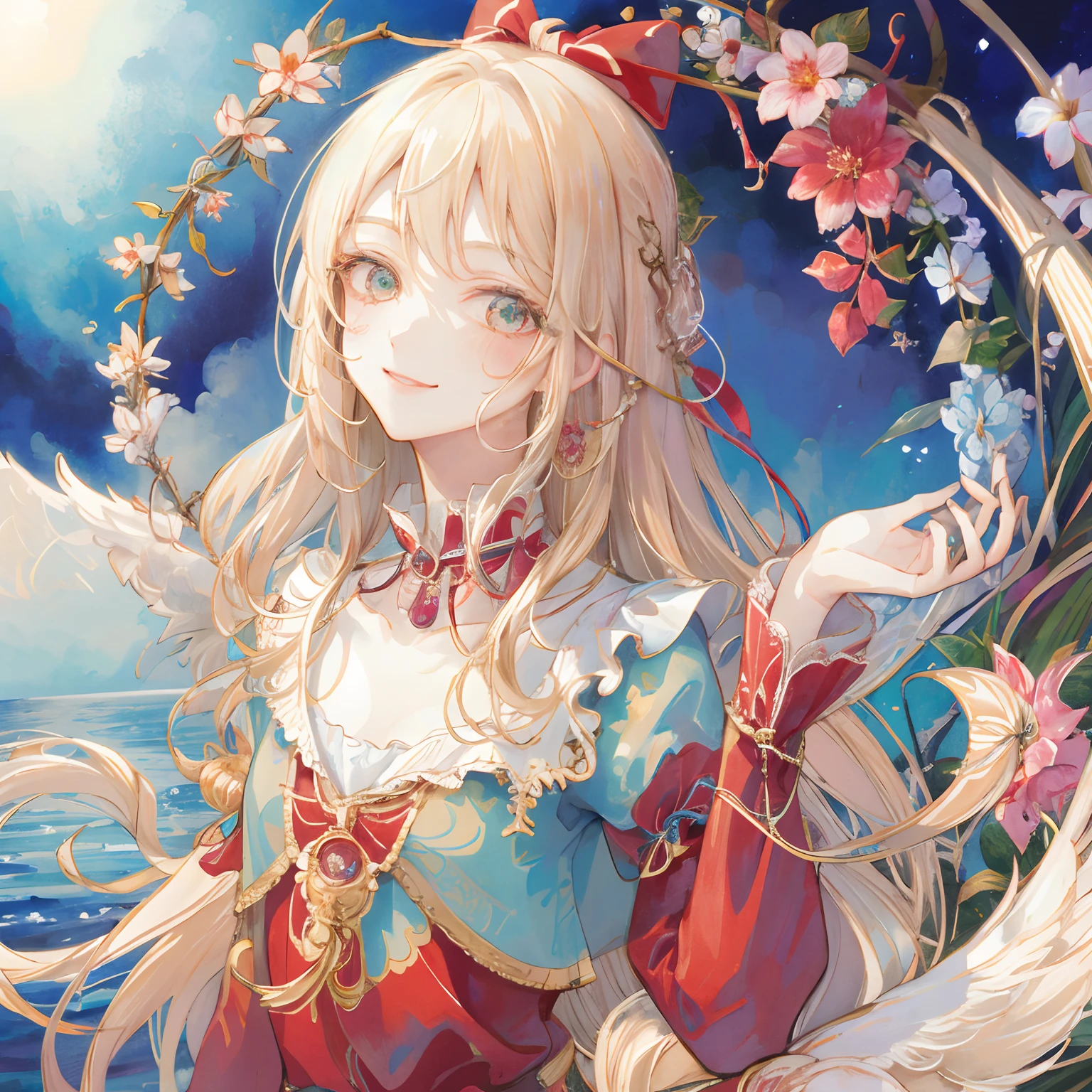 ​masterpiece: 1.7, top-quality、(Highly detailed CG、Ultra-detail、Best Shadow:1.1)、solo、Painterly、sketch、Paper texture、alice in the wonderland、Red ribbon on head、Red clothes、cute little、A smile、Smile a lot、超A high resolution、extra detailed face、flat-colors、extra detailed face、extra detailed face、realisitic、limited pallete、Low contrast、The best lighting、Beautuful Women、lite smile、blanche:1.5、(zentangle、a Mandala、Tangle、Entangle:0.8)