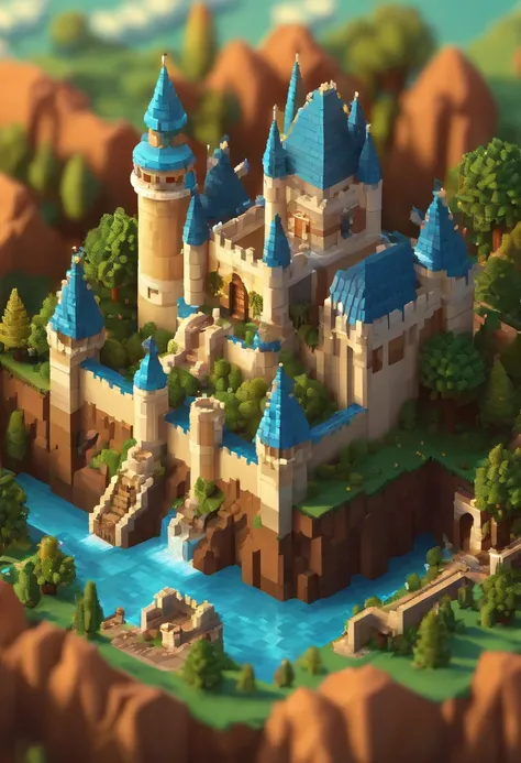 Close-up of a pixel art style landscape with a castle, high quality ...