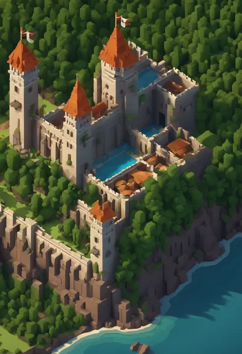 Close-up of a pixel art style landscape with a castle, high quality ...