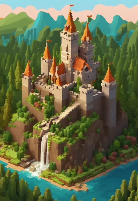 Close-up of a pixel art style landscape with a castle, high quality ...