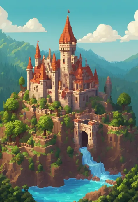 a close up of a pixel art style landscape with a castle, high quality ...