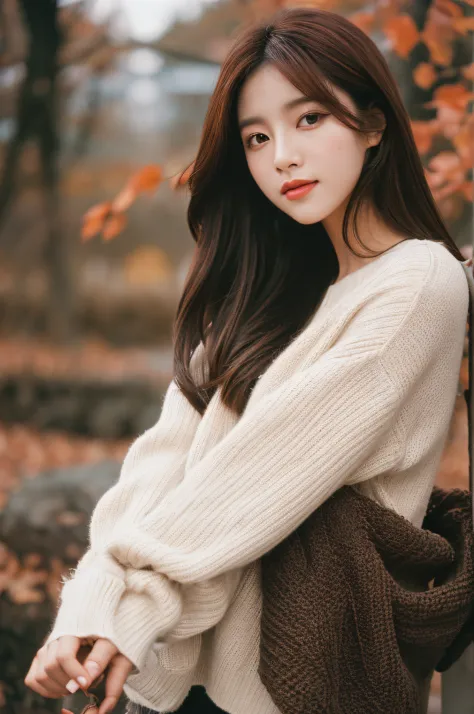 Photo of a Beautiful Korean kpop idol Woman, Autumn, lecherous, filmgrain, Ilford HP5, 80mm，cabelos preto e longos，loose sweater