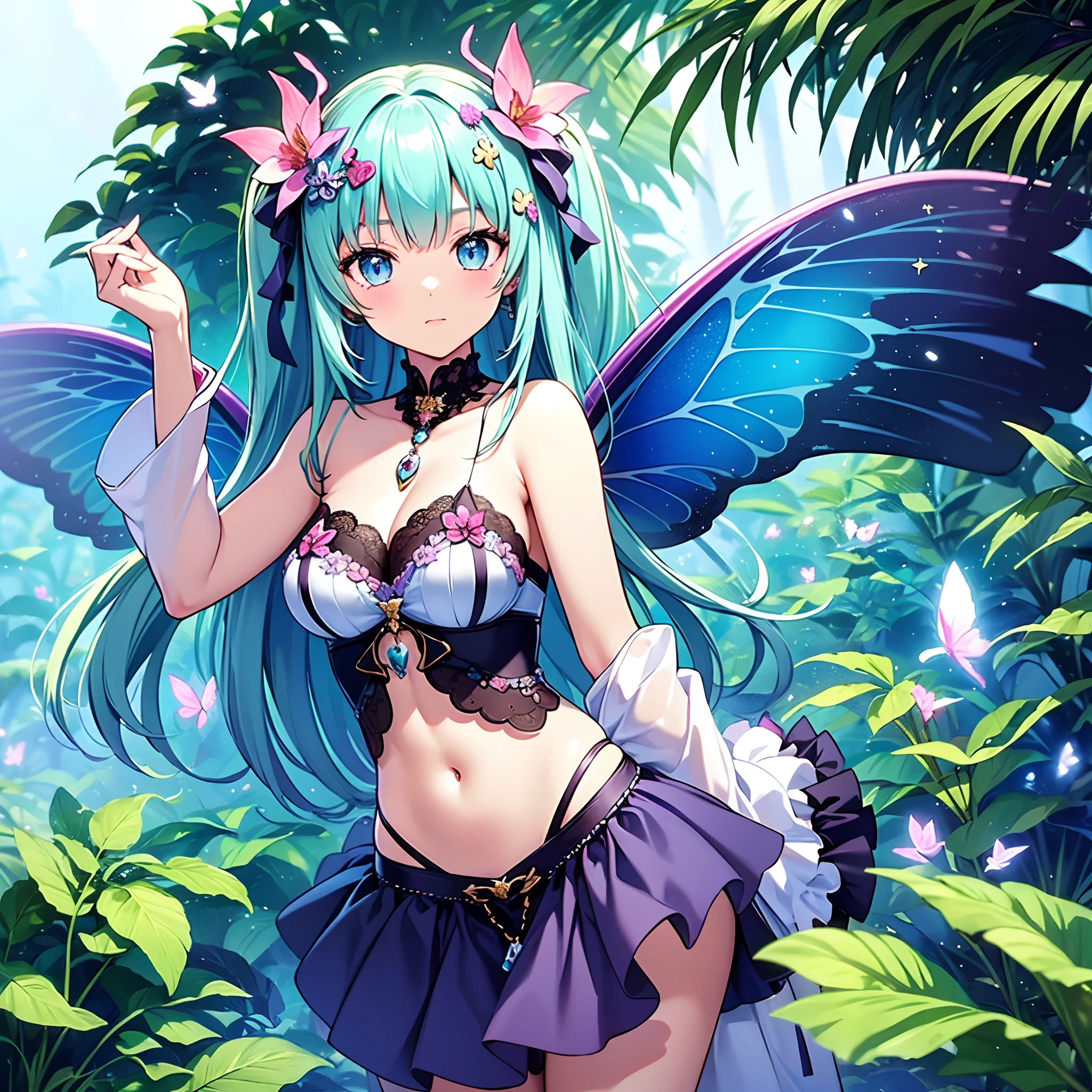 Best Quality, masutepiece, Cute fairy girl with sparkly sparkles, fairy wings, Light blue long hair、Twin-tailed、Pure white costume、In the mysterious jungle, foliage, Tropical, kawaii, mystery, Magical, Mythical animals and mysterious butterflies, Exotic flowers