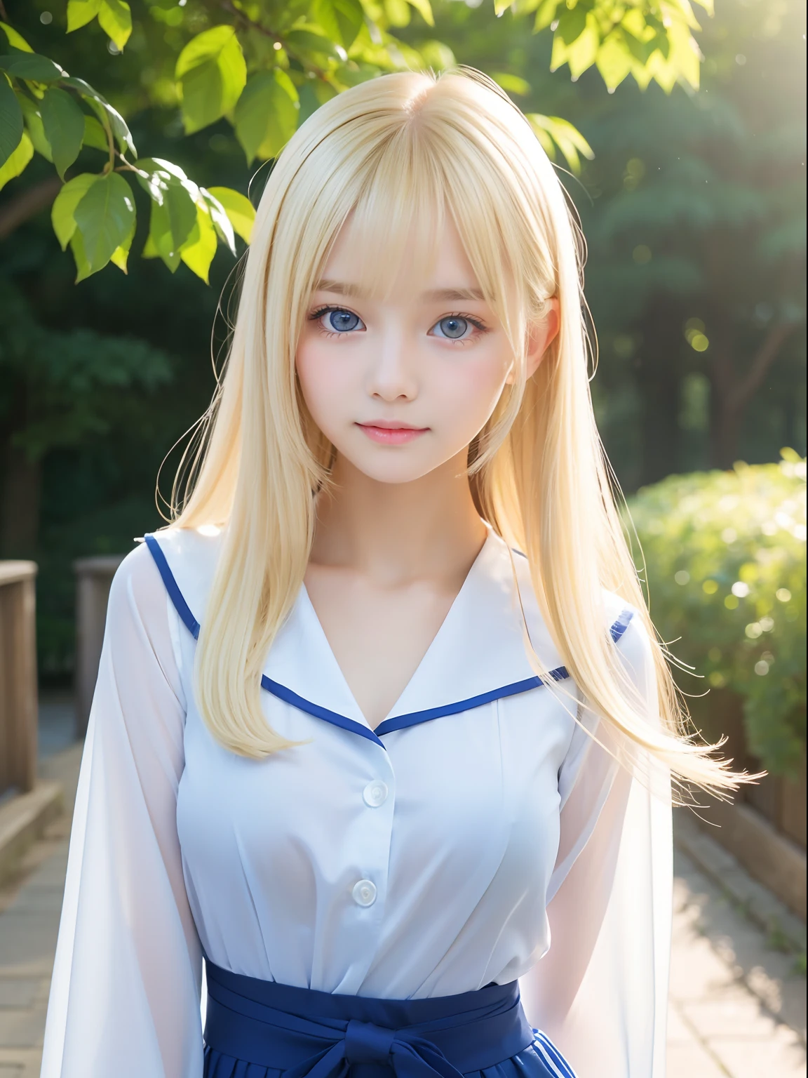 15yo girl、Very adorable face、bright expression、Authentic photo quality、Extraordinary sexy beauty、white, shiny smooth white skin、Beautiful bangs、((Smooth and shiny super long natural blonde)),Super Long Straight Silky Hair、Looking at the camera、Very perfect cute beautiful sexy young little woman、Very perfect beautiful and cute face、Beautiful, Clear, large pale light blue eyes、large full breasts、student clothes、japanese sailor suits、Pretty Face、Small face beauty、Gloss Face、Teak Gloss