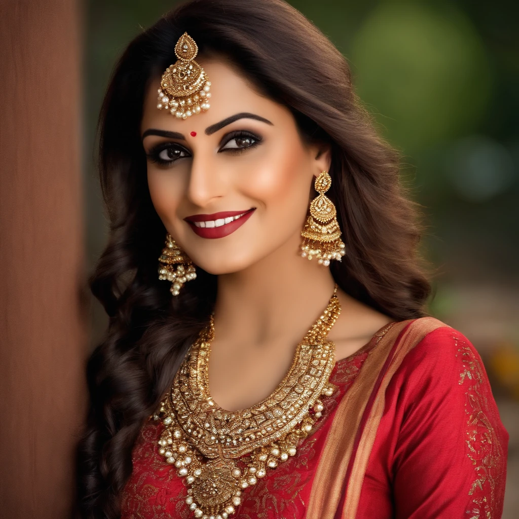 Big ass girl realistic Pakistani sexy, In Indian Ethnic Dress, Salwar Suit, Red Colour, Earings, Necklace, Bangles, Eye lash, Long Dark brown hair, 30yo, Active, Smiling, looking at someone, face front facing, Big 