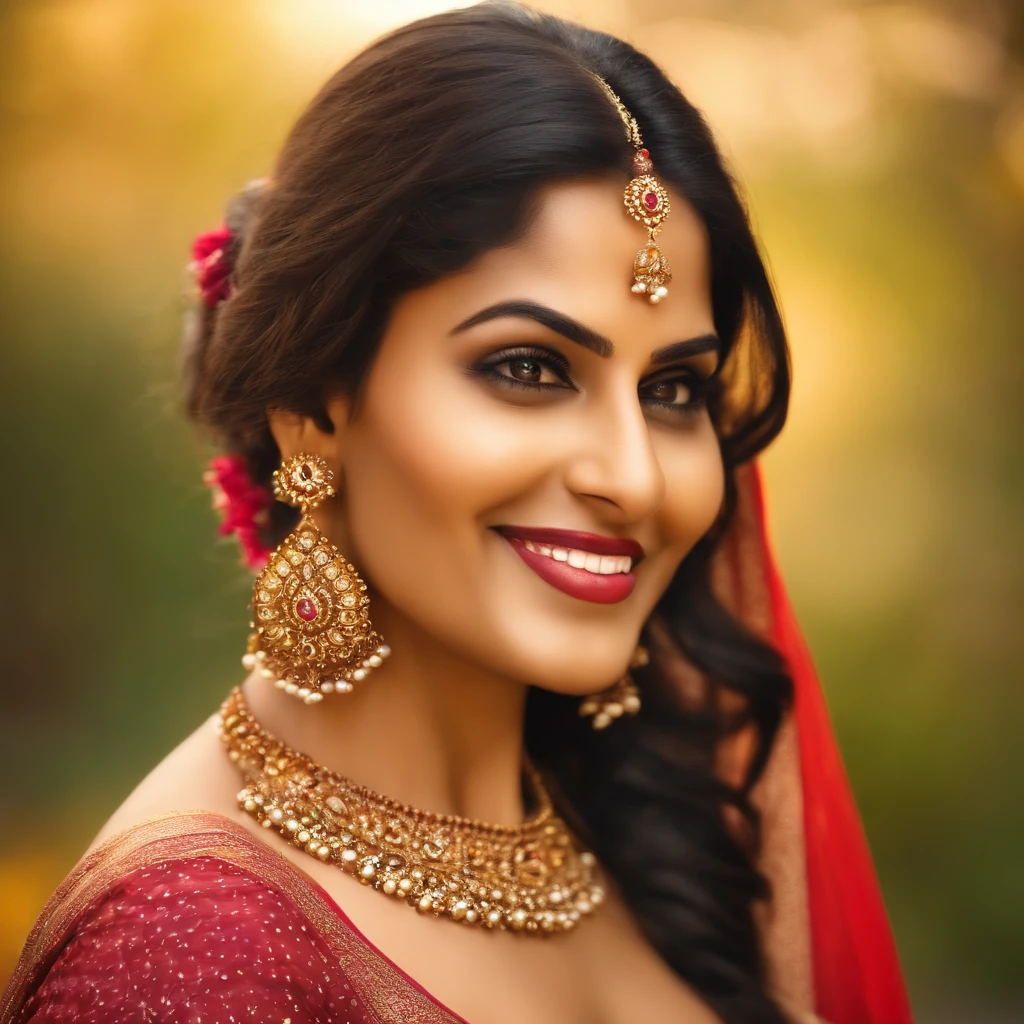 A woman in a red sari and gold jewelry smiles for the camera - SeaArt AI