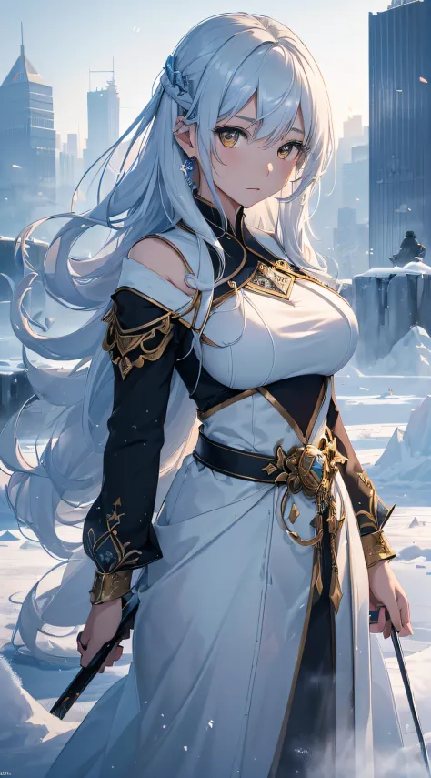 top-quality、Top image quality、​masterpiece、girl with((18year old、Best Bust、Medium bust、Bust 85,beautiful golden eyes、Breasts wide open,Black semi-long hair、A slender、Large valleys、Reflecting the whole body、White Japanese Clothing、Ice Sword、Ice Magic Circle...