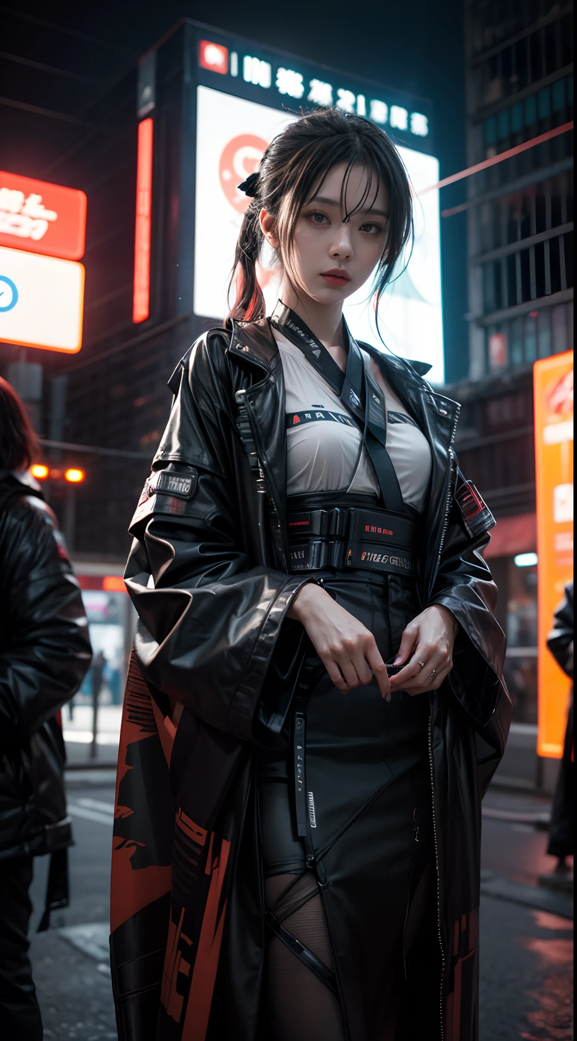 A photo of a woman immersed in a futuristic cyberpunk world while cosplaying in a high-tech kimono, captured at night with neon lights, using a mirrorless camera with a wide-angle lens, and an edgy cyberpunk photography style.