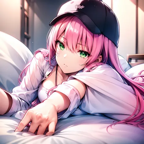 (1 girl: 1.1) ,((A pink-haired)),((Green eyes)), lying on the bed, Hats