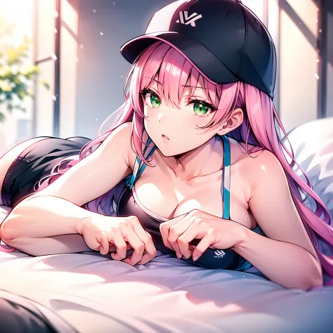 (1 girl: 1.1) ,((A pink-haired)),((Green eyes)), lying on the bed, Hats