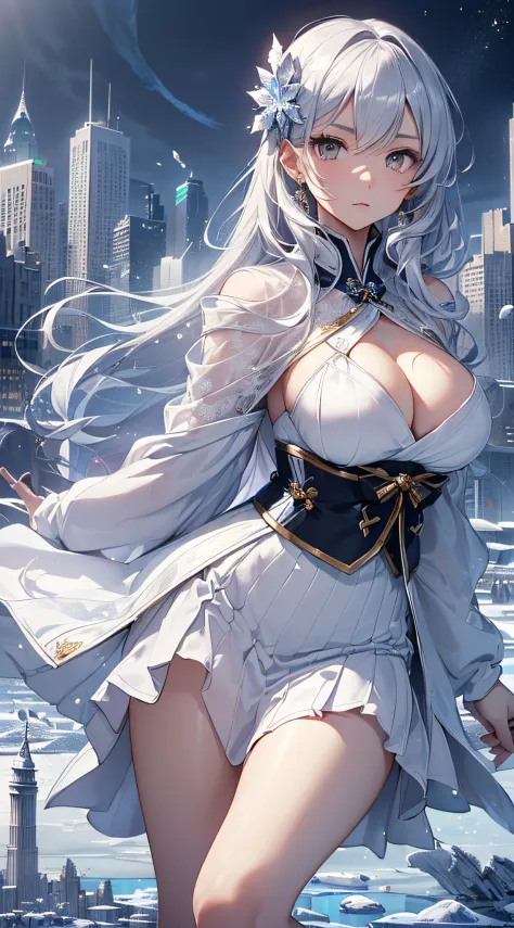 top-quality、Top image quality、​masterpiece、girl with((18year old、Best Bust、Medium bust、Bust 85,beautiful silver eyes、Breasts wide open,Semi-long hair in white silver、A slender、Large valleys、Reflecting the whole body、White Japanese Clothing、White short skir...