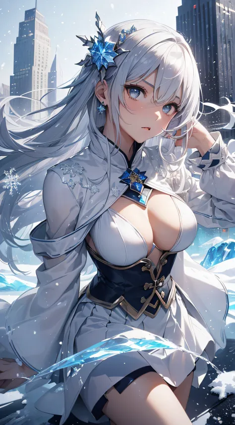 top-quality、Top image quality、​masterpiece、girl with((18year old、Best Bust、Medium bust、Bust 85,beautiful silver eyes、Breasts wide open,Semi-long hair in white silver、A slender、Large valleys、Reflecting the whole body、White Japanese Clothing、White short skir...