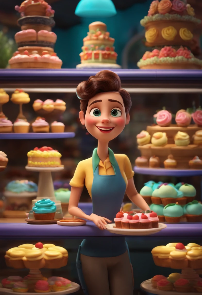 A woman looking at a cake shop inspired by Pixar animation, de perto. The character takes center stage with captivating facial expressions, oferecendo um toque de irrealidade