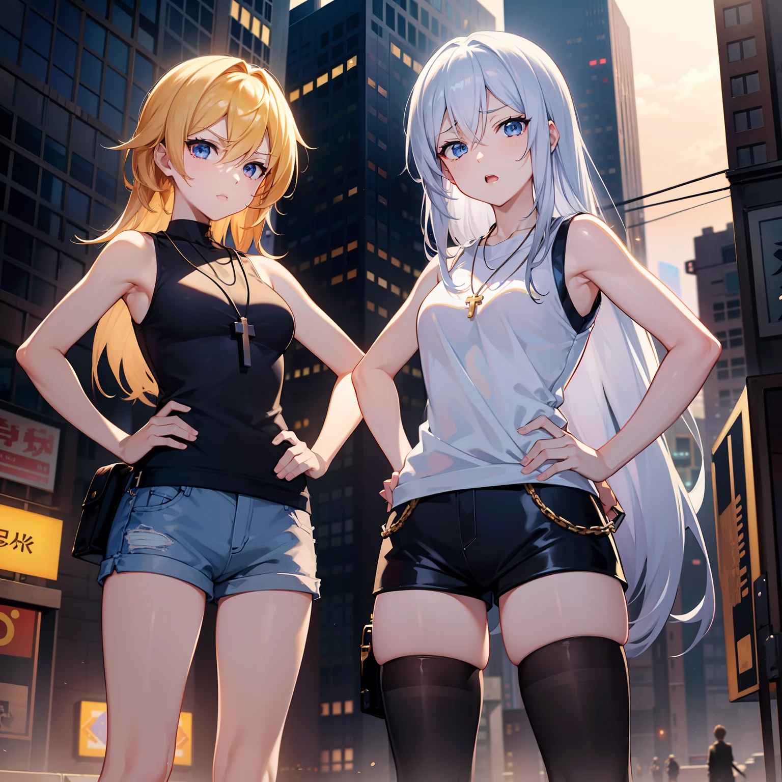 masutepiece, Best Quality, masutepiece, Best Quality, officlal art, the Extremely Detailed CG Unity 8K Wallpapers, Golden Hour Lighting, strong rimlight, strong shadows, in the cyberpunk city, artbook, Medium Hair, White hair, Blue eyes, Small breasts, Sleeveless shirt, Short pants, knee high, Jitome, Half-closed eyes, :T, ((hair over shoulder)), hair between eye, （A look of contempt），（Gradient Hair）, Dyed bangs, Cross Necklace，put hands on the hip,, Thin with open mouth, A little angry, Long hair