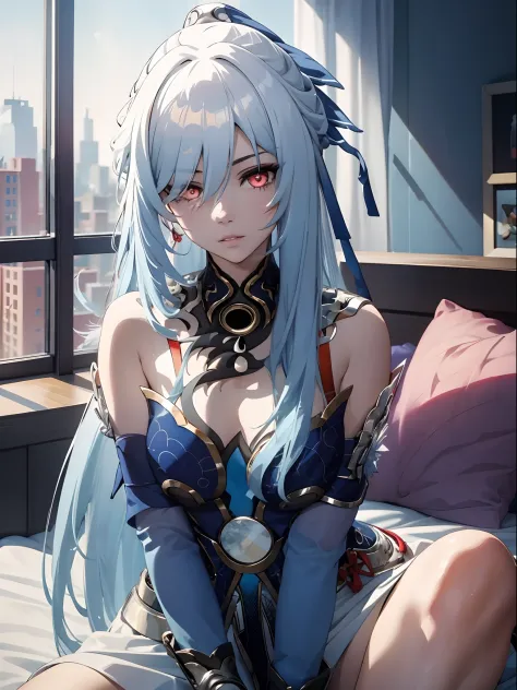 best quality, masterpiece, 1girl, red eyes, tied up light blue hair, aesthetic, artistic, sitting on bed, white