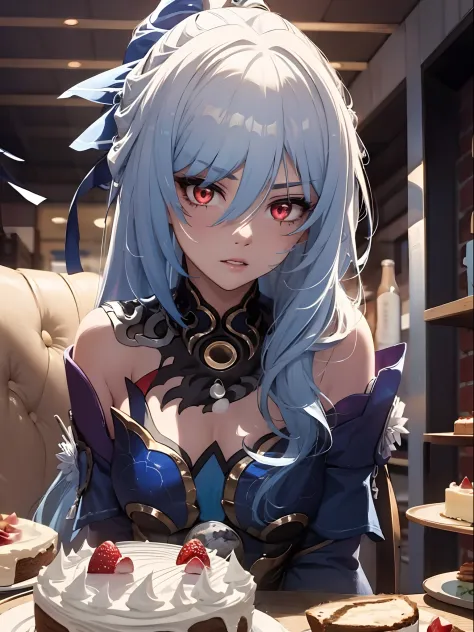 best quality, masterpiece, 1girl, red eyes, tied up light blue hair, cake