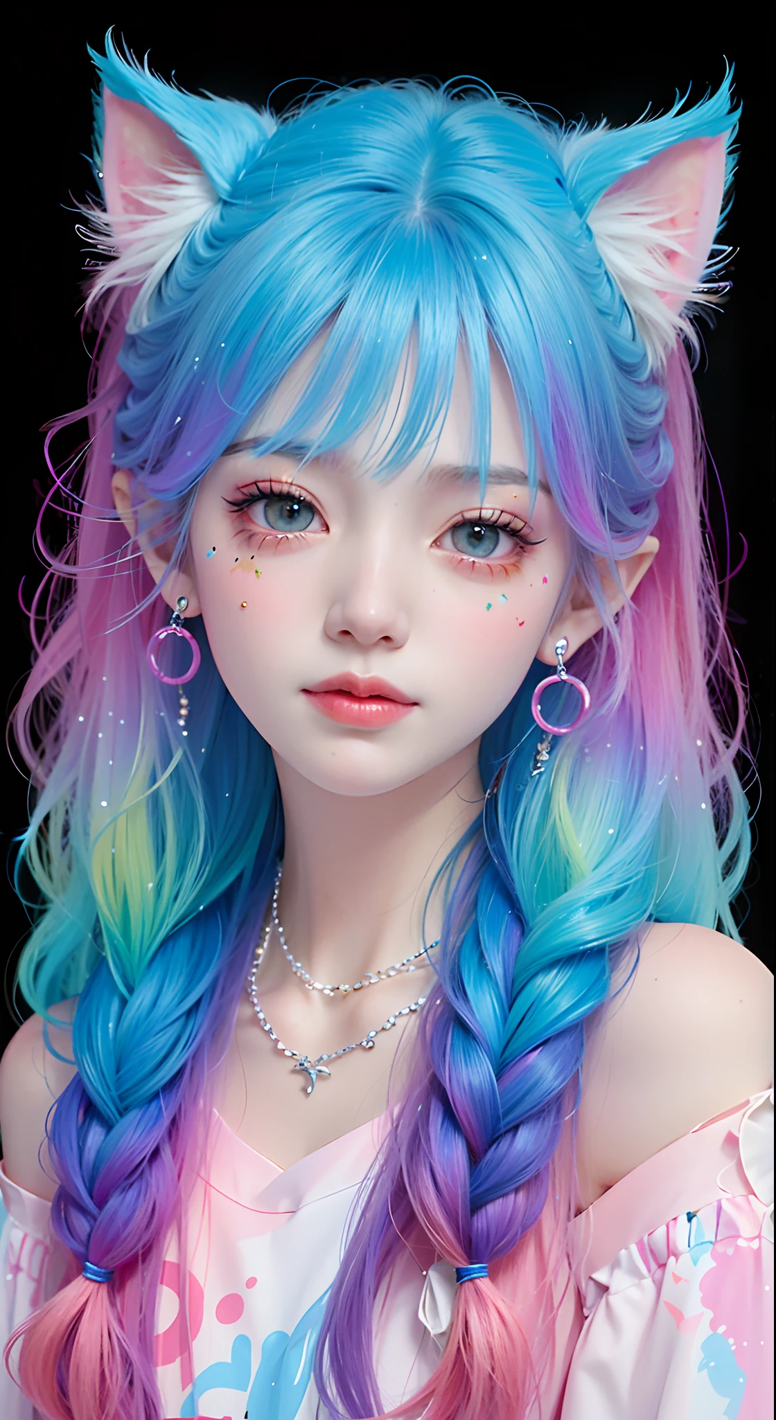 Close-up of a long-haired girl wearing cat ears and pink dress, realistic portrait of kawaii, cute colorful cute, anime style. 8k, color]", colorful braids, Guvez style artwork, vibrant fantasy style, cute art style, anime style 3D, color pastel, realistic anime 3D style, ((hands to heart))