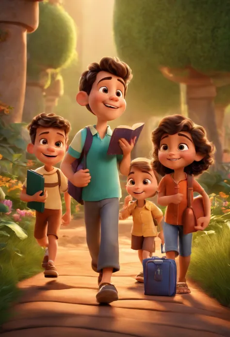 poster estilo disney pixar 3D, Several children with the bible in hand and cheerful and happy, caminhando em um jardim lindo