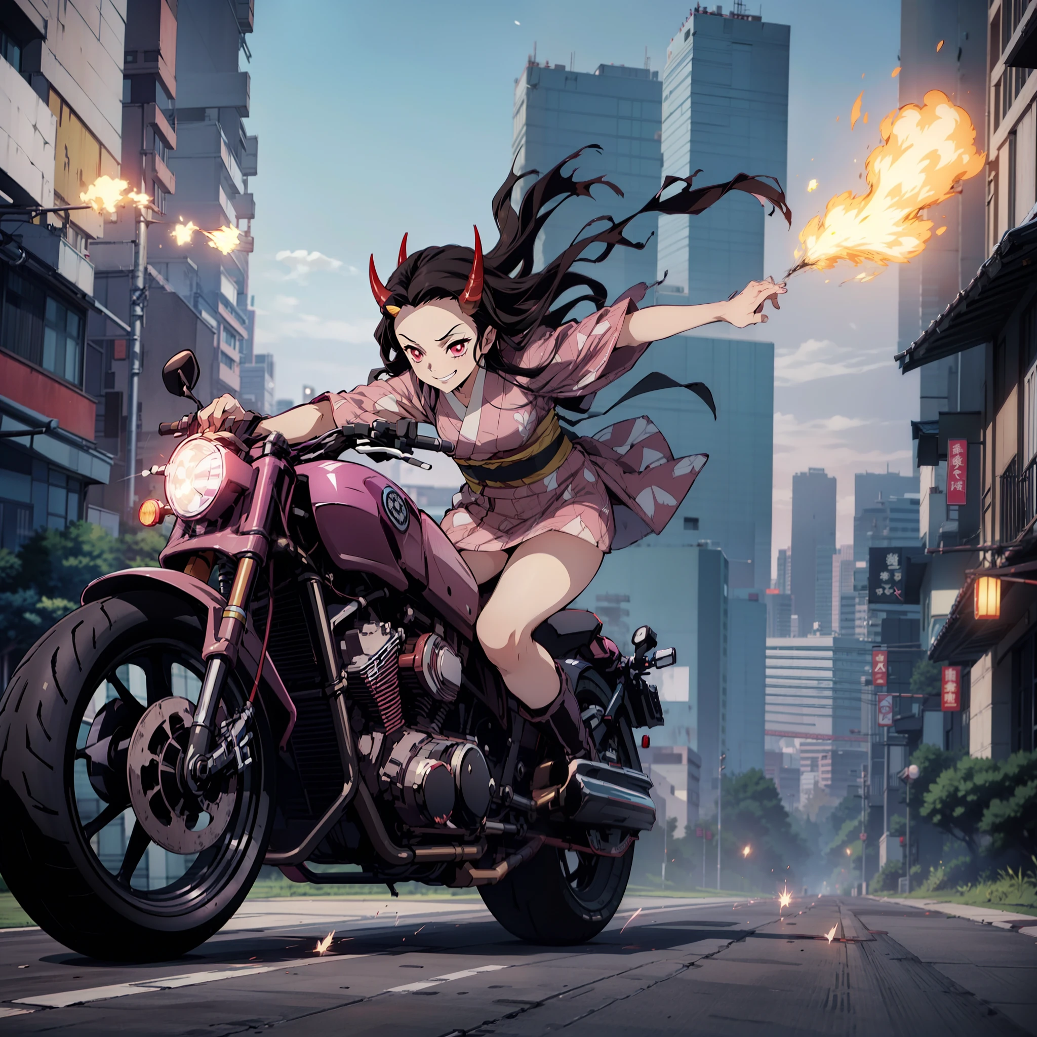 (masutepiece, Best Quality:1.2), kimetsu no yaiba style, Kamado Nezuko, (1girl in, Solo), 20yr old, Full body, (Black and pink kimono), (bare legs, short boots), (red demon horns, Red Eyes), Evil smile, BREAK (driving motorcycle on the city with high speed, keep wheelie, yhmotorbike), (slow motion:1.3), (Motion Blur:1.3), (SPEEDLINE:1.4), Sense of speed, Sparks and smoke coming out of tires
