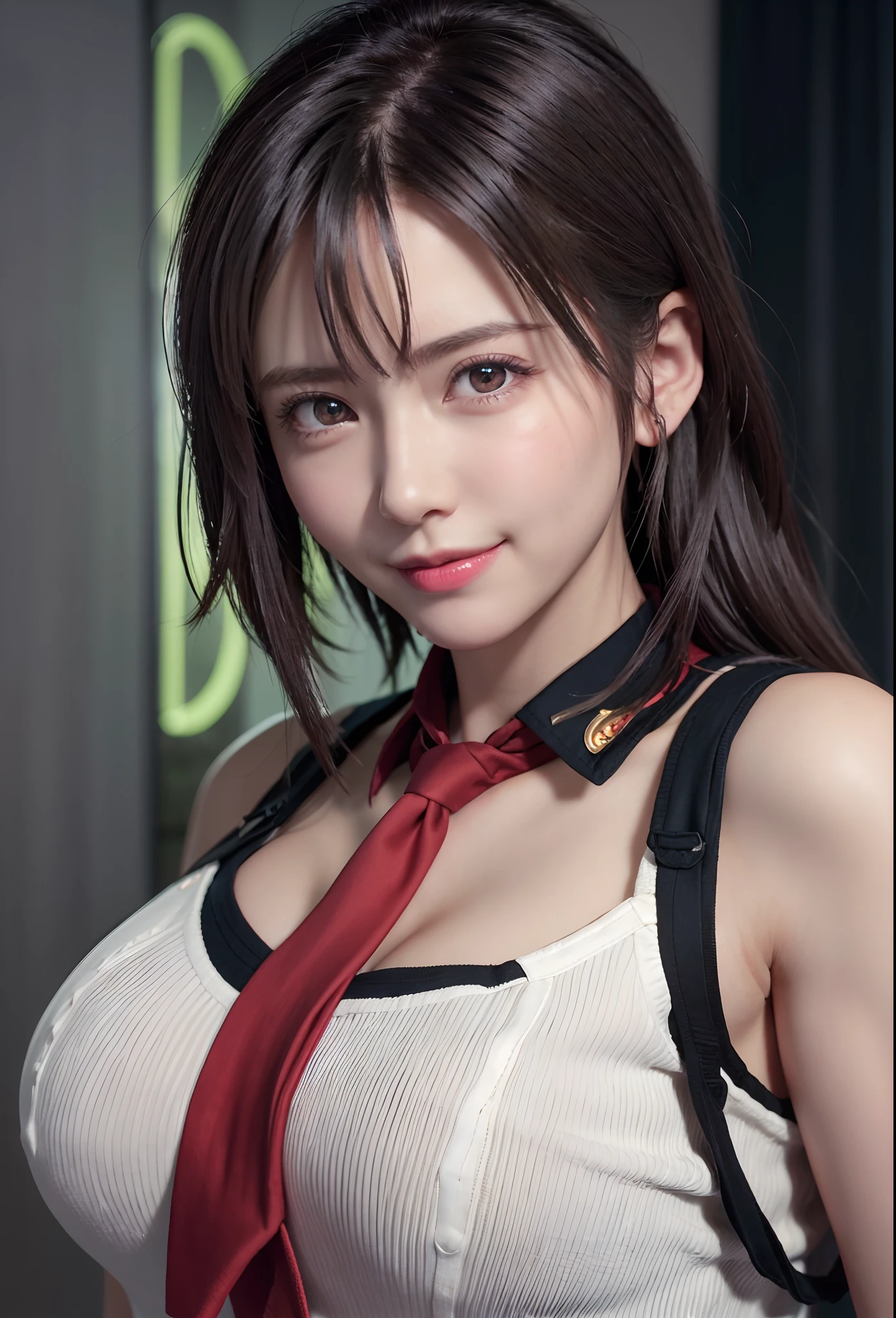 top-quality、8K Masterpiece、超A high resolution、(Photorealsitic:1.3)、Raw photo、女の子1人、Short Bob Hair、Wolfcut、glowy skin、((super realistic details))、portlate、globalillumination、Shadow、octan render、8K、ultrasharp、beauty breast、cold color、、highly intricate detail、Realistic light、CGSoation Trends、Beautiful eyes、radiant eyes、Facing the camera、neon details、((Black shirt))、((red necktie)),ssmile,ssmile