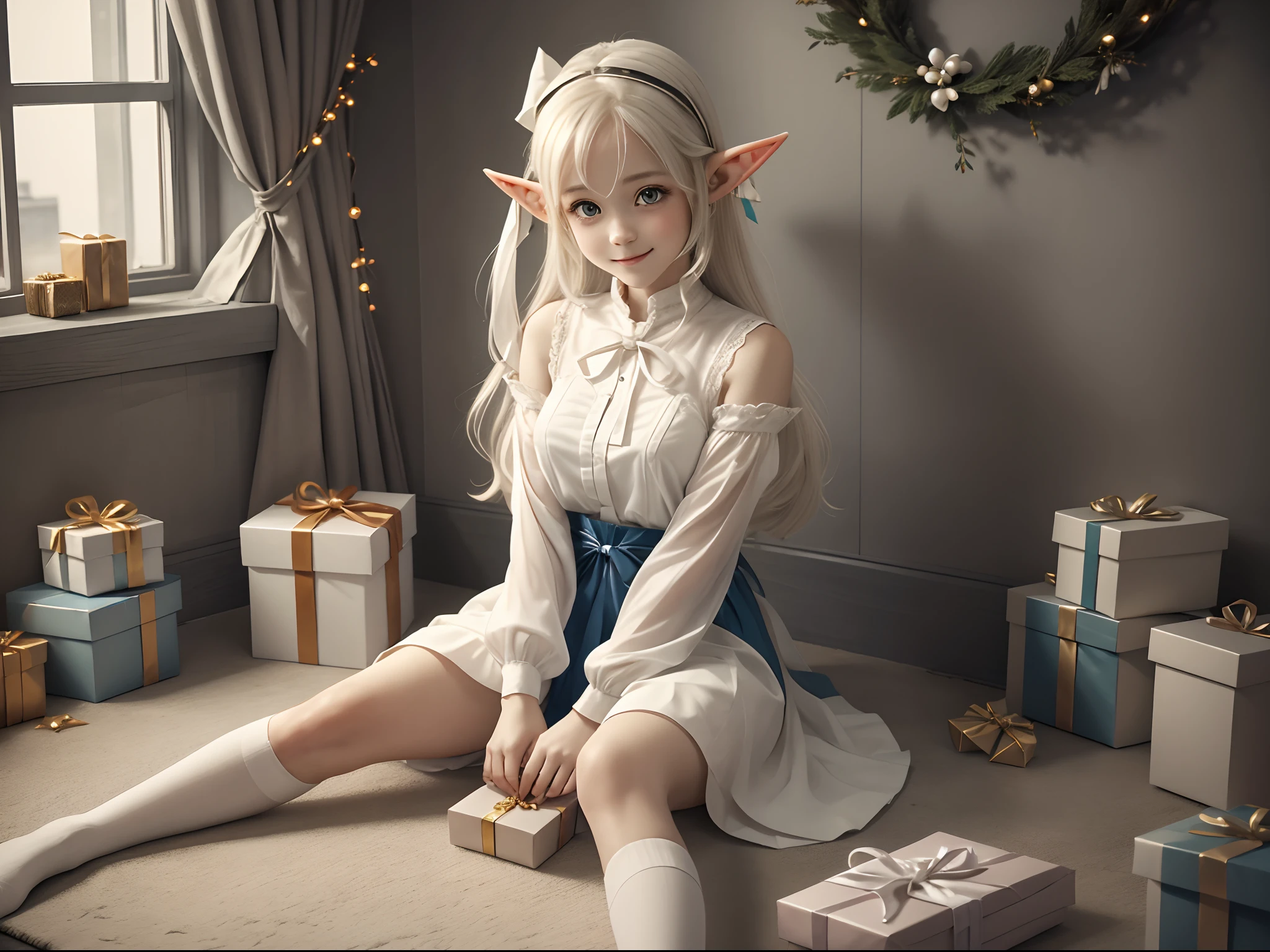 a beautiful girl with elf ears (white) is sitting on the floor, a gentle face, there are boxes with a gift tied with a ribbon next to her, a modest smile