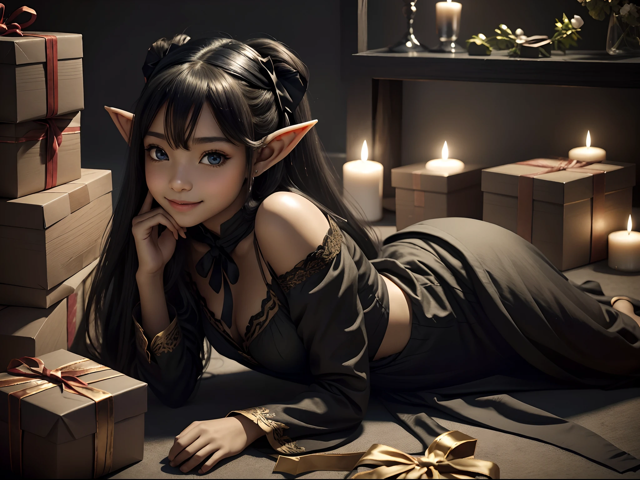 une belle fille avec des oreilles d&#39;elfe (noir) est assis par terre, Un visage doux, il y a des boîtes avec un cadeau attaché avec un ruban à côté d&#39;elle, Un sourire modeste