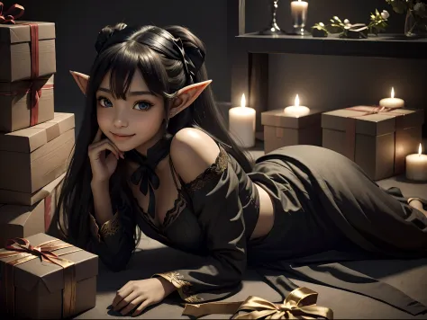 a beautiful girl with elf ears (black) is sitting on the floor, a gentle face, there are boxes with a gift tied with a ribbon ne...
