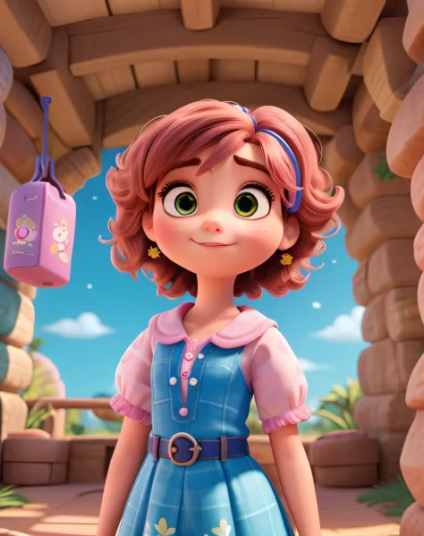 Uma menina de sete anos disney pixar, alta qualidade, melhor qualidade, com cabelos rosas e vestido rosa