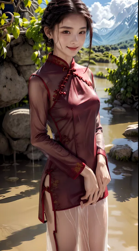 femele,１2 years old,japanes,Brown hair,(((Wine Red Cheongsam))),Beautiful short hair,,Hair fastening to bangs,,((()),Natural smi...