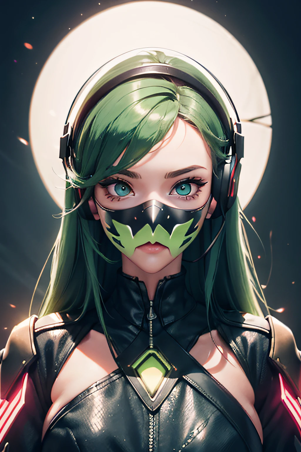 girl with long green hair, green eyes, futuristic vibes, mask on mouth, headphones, 8k, high quality, simple background, glowing eyes, nice pose